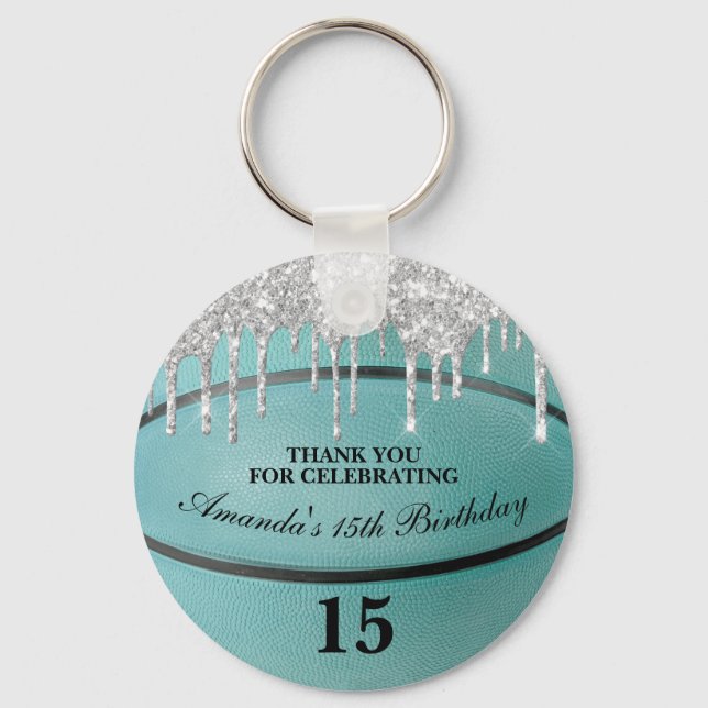 Girls Teal Glitter Drip Basketball Party Favour Key Ring (Front)