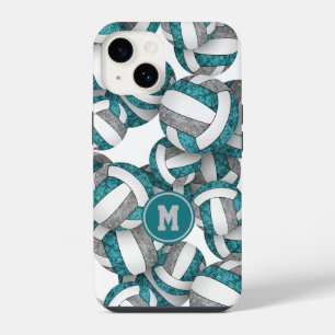 Girls teal grey team colours volleyballs patterned iPhone 14 case