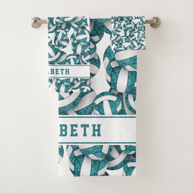 Girls teal white volleyballs pattern personalised bath towel set (Insitu)