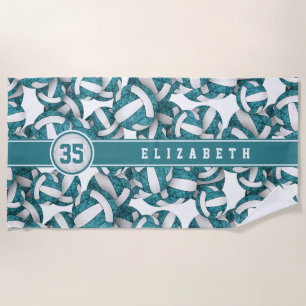 Girls teal white volleyballs pattern personalised beach towel
