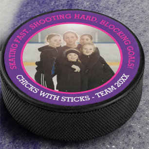 Girls team photo and slogan purple pink hockey puck