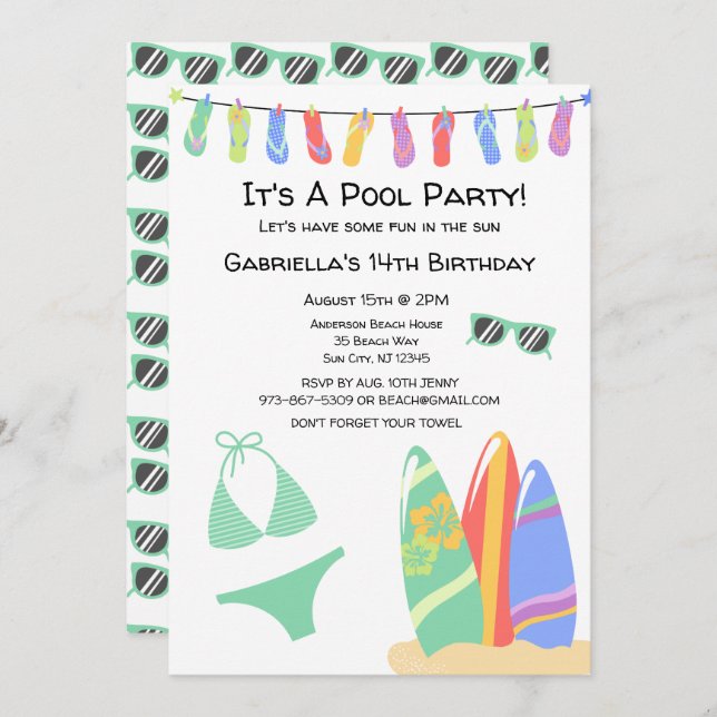 Girls Teen Pool Party Bikini Birthday Invitation (Front/Back)