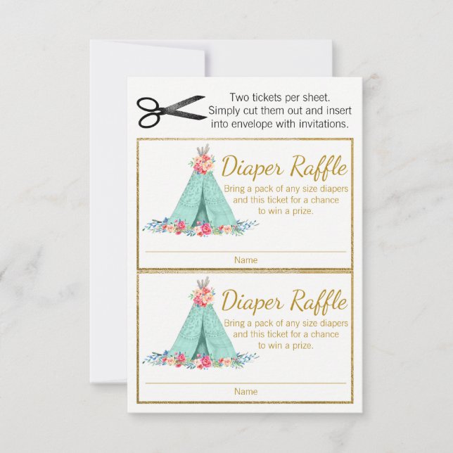 Girls TeePee Diaper Raffle Tickets (Front)