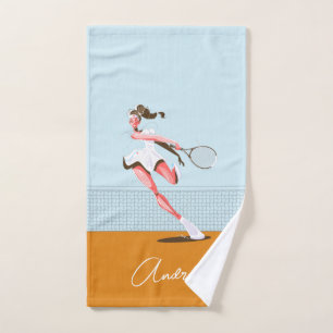 Girl's Tennis Player Cartoon Illustration & Name Hand Towel