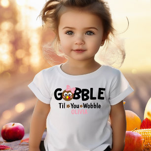 Girls Thanksgiving Cute Turkey Gobble Name Baby T-Shirt
