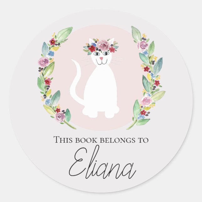 Girls 'This Book Belongs' Cute Cat with Flowers Classic Round Sticker (Front)