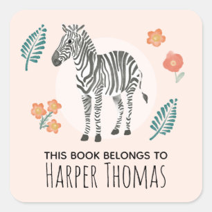 Girls 'This Book Belongs' Zebra Kids Bookplate Square Sticker