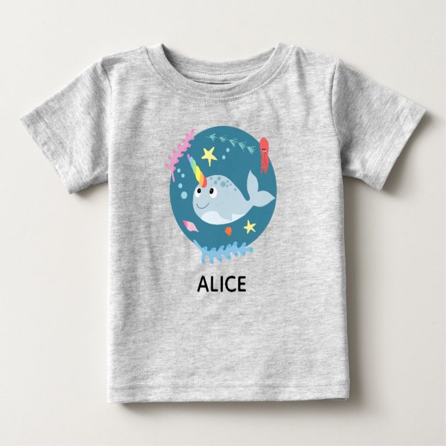 Girls Trendy and Cute Rainbow Narwhal and Name Baby T-Shirt (Front)