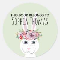 Girls Trendy Floral Rabbit Name Bookplate