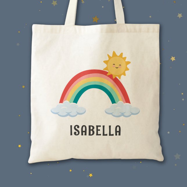 Girls Trendy Whimsical Rainbow Cartoon Kids Name Tote Bag (Girls Trendy Whimsical Rainbow Cartoon Kids Name Tote Bag)