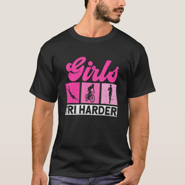Girls Tri Harder  Triathlon Training Triathlete T-Shirt (Front)