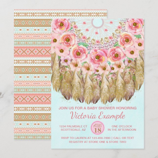 Girls Tribal Dreamcatcher Baby Shower Invitations (Front/Back)