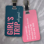 Girl's Trip Blue Pink Calligraphy Monogram Luggage Tag<br><div class="desc">Liven up your luggage with this personalised design that's perfect for travellers</div>