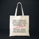 Girls Trip Weekend Vacation Name Tote Bag<br><div class="desc">Personalised Girls Weekend Trip Custom Canvas Tote Bag with editable grey and bright pink text and wording for a date,  destination location,  names,  and fun quote like "besties,  buds,  and beverages" makes a useful keepsake favour gift for your travel squad or bridesmaids.</div>