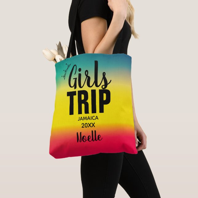 Girls Trip with Crown Year & Name Green Yellow Red Tote Bag (Close Up)