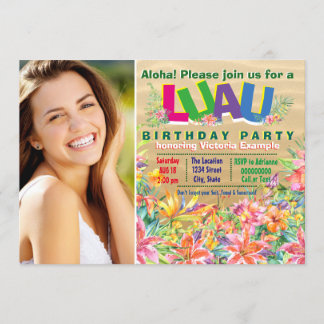 Girls Tropical Luau Photo Birthday Party Invitation