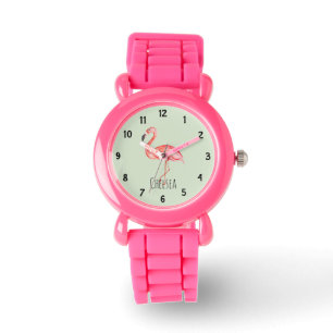 Girl's Tropical Watercolor Flamingo and Name Watch