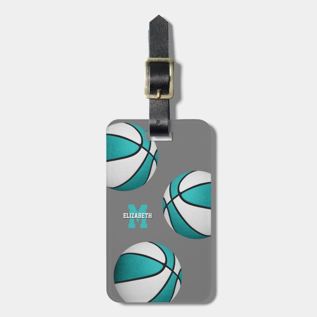girls turquoise white basketball travel bag luggage tag (Front Vertical)