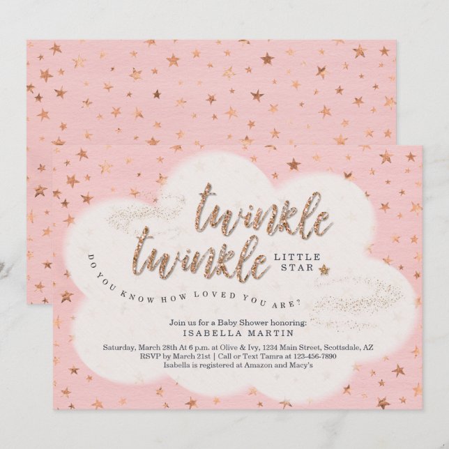 Girls Twinkle Twinkle Little Star Baby Shower Invitation (Front/Back)
