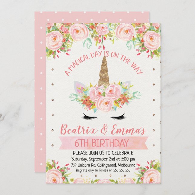 Girls Twins Or Joint Unicorn Birthday Invitation (Front/Back)