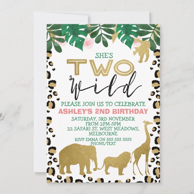 Girls Two Wild Second Birthday Invitation (Front)