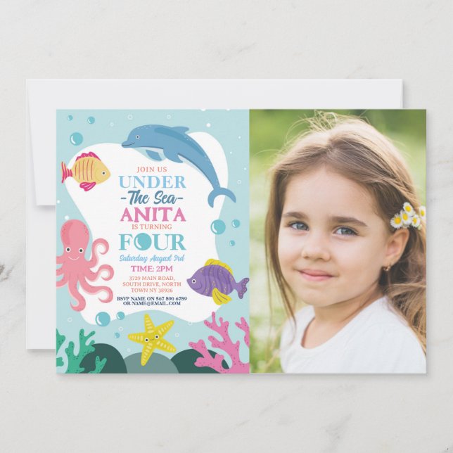 Girls Under The Sea Four Ocean Dolphin Photo 4th Invitation (Front)