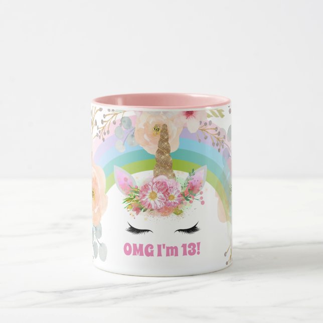 Girls UNICORN 13th Birthday Mug Customisable Pink (Center)
