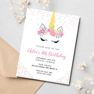Girl's Unicorn 4th Birthday Party Invitation