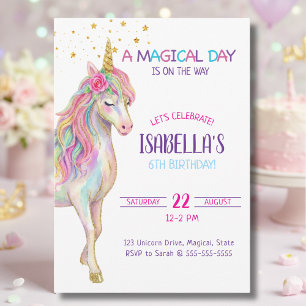 Girls Unicorn 6th Birthday Party Invitation