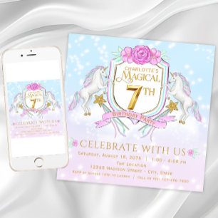 Girls Unicorn 7th Birthday Party Invitations