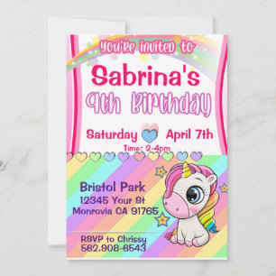 Girls Unicorn 9th birthday invitation