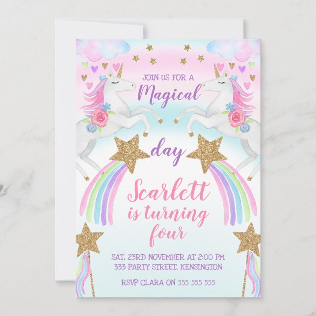 Girls Unicorn And Stars Birthday Invitation (Front)