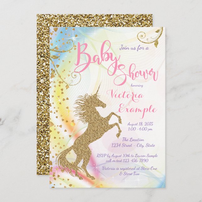 Girls Unicorn Baby Shower Invitations (Front/Back)