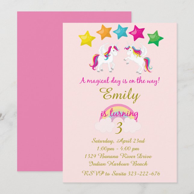 Girl's Unicorn Birthday Invitation, Pink & Gold Invitation (Front/Back)