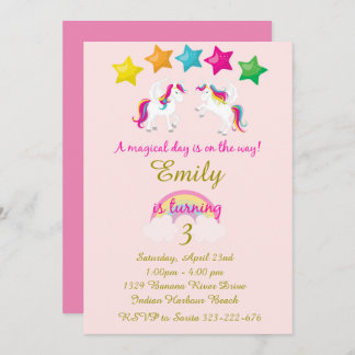Girl's Unicorn Birthday Invitation, Pink & Gold Invitation