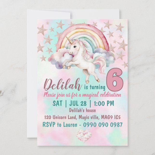Girls unicorn birthday party invitation  (Front)