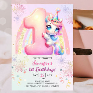 Girls Unicorn Magical Rainbow 1st Birthday Party Invitation