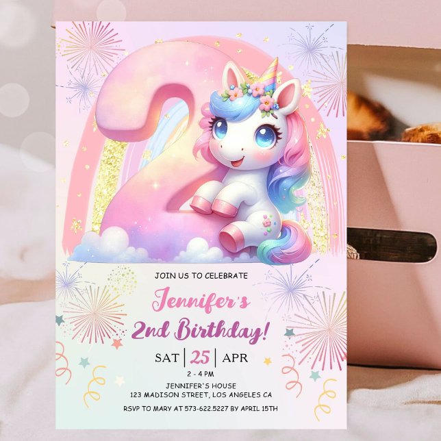 Girls Unicorn Magical Rainbow 2nd Birthday Party Invitation (#UnicornBirthdayInvitation #UnicornBirthdayInvitationTemplate #UnicornBirthdayInvitationEditable 
)