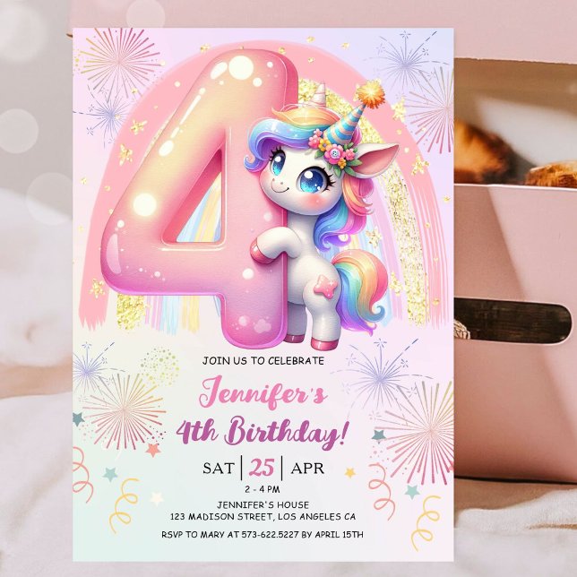 Girls Unicorn Magical Rainbow 4th Birthday Party Invitation (
#UnicornBirthdayInvitation #UnicornBirthdayInvitationTemplate #UnicornBirthdayInvitationEditable )
