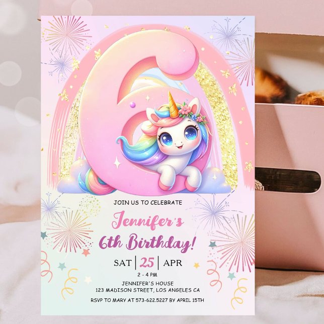 Girls Unicorn Magical Rainbow 6th Birthday Party Invitation (#UnicornBirthdayInvitation #UnicornBirthdayInvitationTemplate #UnicornBirthdayInvitationEditable)