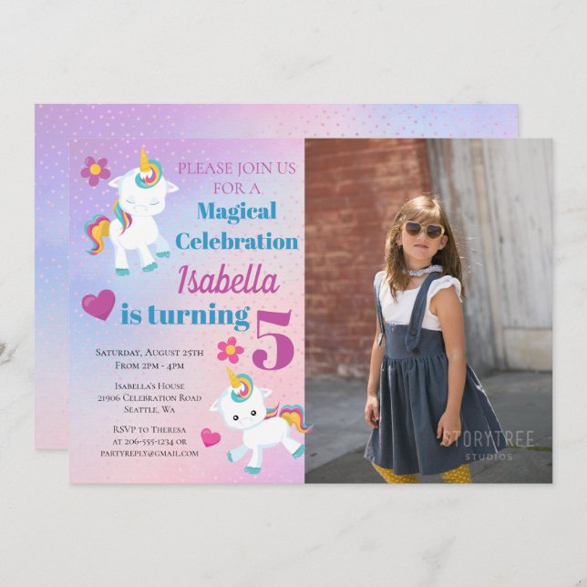 Girls Unicorn Photo Birthday Invitation (Front/Back)