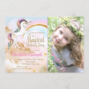 Girls Unicorn Photo Birthday Party Invitations