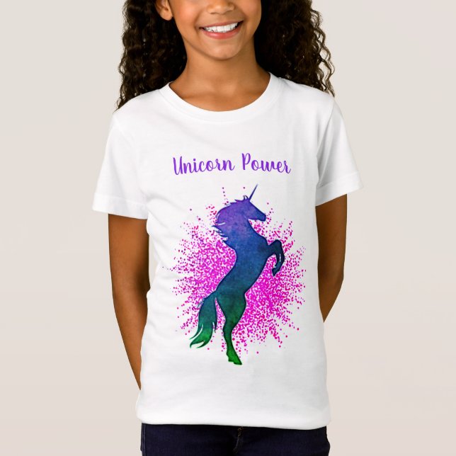 Girls "Unicorn Power" Unicorn & Glitter Purple T-Shirt (Front)