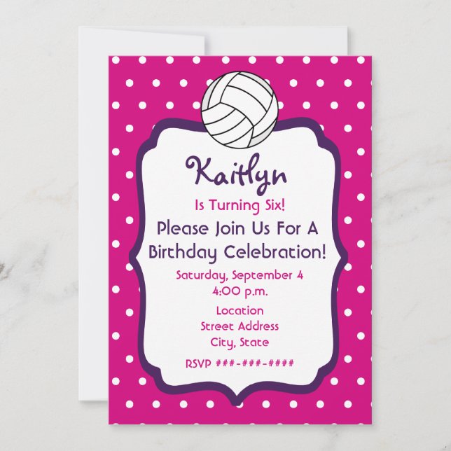 Girls Volleyball Birthday Invite- Pink With Purple Invitation (Front)