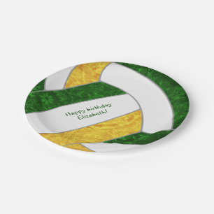 girl's volleyball birthday party green gold paper plate