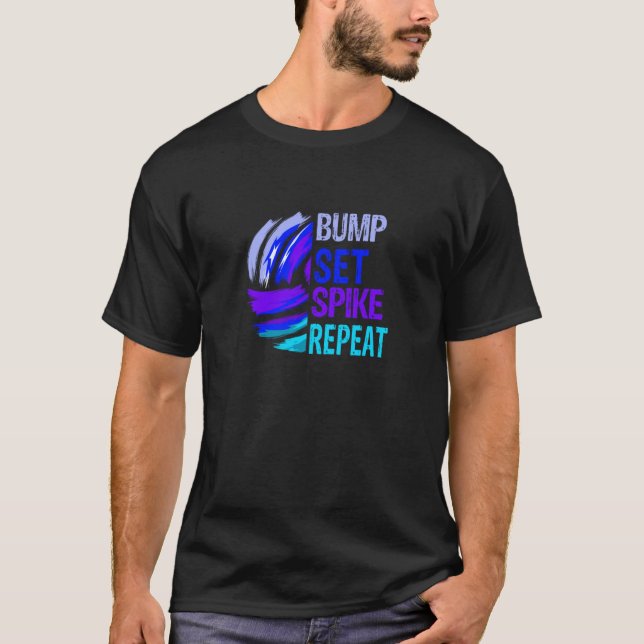 Girls Volleyball Bump Set Spike Repeat Blue Purple T-Shirt (Front)