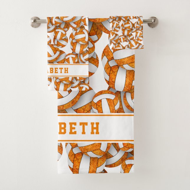 Girls volleyballs pattern personalised orange bath towel set (Insitu)