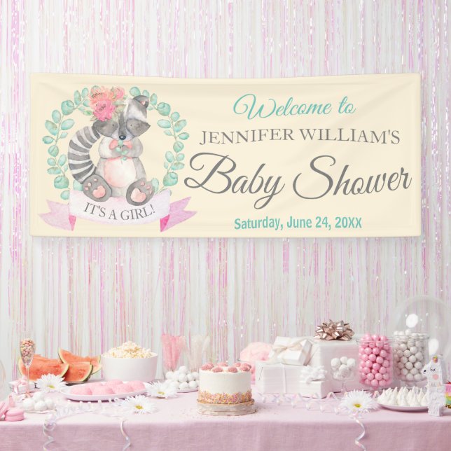 Girls Watercolor Baby Racoon Baby Shower Banner (Party)