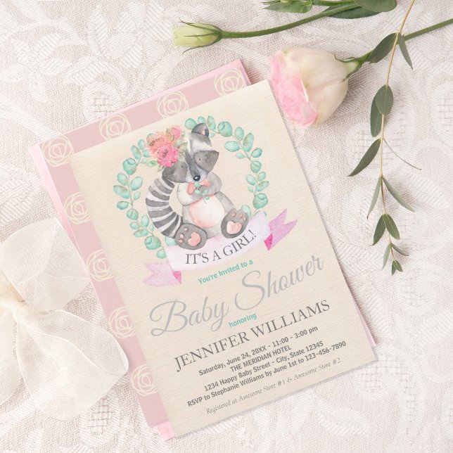 Girls Watercolor Baby Racoon Baby Shower Invitation (Creator Uploaded)