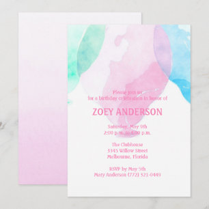 Girl's Watercolor Balloon Birthday Party Invite